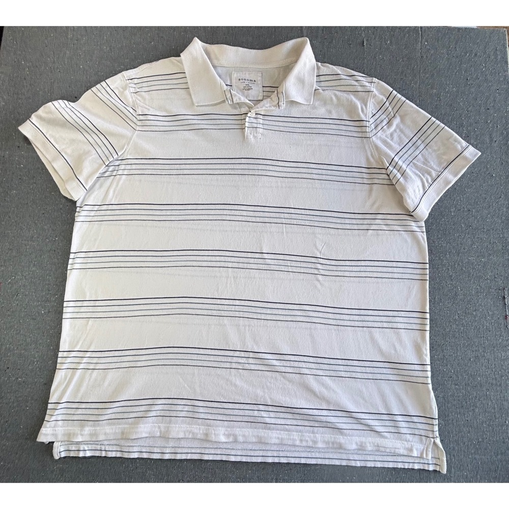 Sonoma Life + Style Mens XXL White Blue Striped Short Sleeve Cotton Polo Shirt